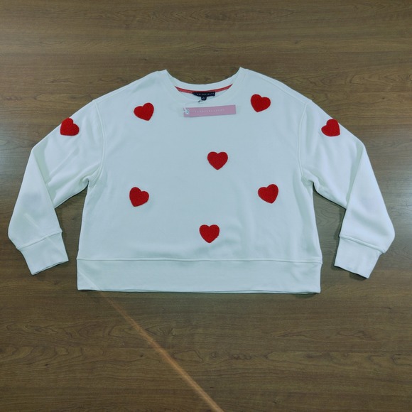 Jane + Delancey White Sweatshirt Red Hearts Crew Neck Pullover Top Large - Picture 1 of 9